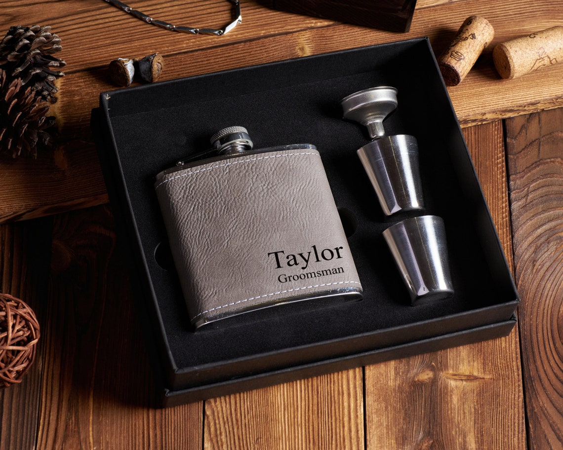 Personalized Flask For Men, Customized Engraved Groomsman And Best Man Gift, Wedding Flask For Groom, Dad, Boyfriend, And Husband, Unique Groomsman Proposal Gift For Bachelor Party, Monogrammed Flask Gift Set, Father's Day Gift
