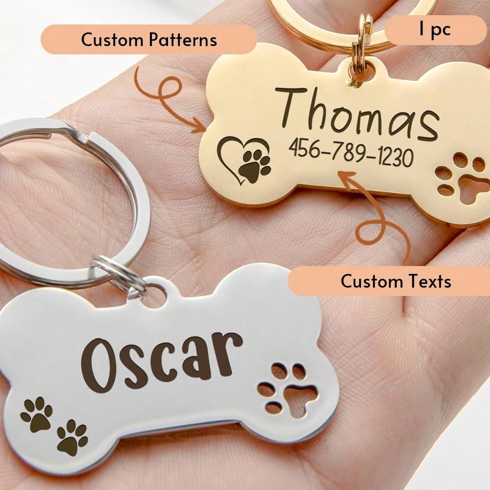 Bone Dog Tag: Hollow Paw, Engraved Pet ID, Stainless Steel