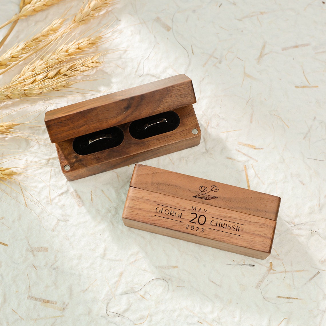 Personalized Wood Double Ring Box: Rustic Wedding Proposal
