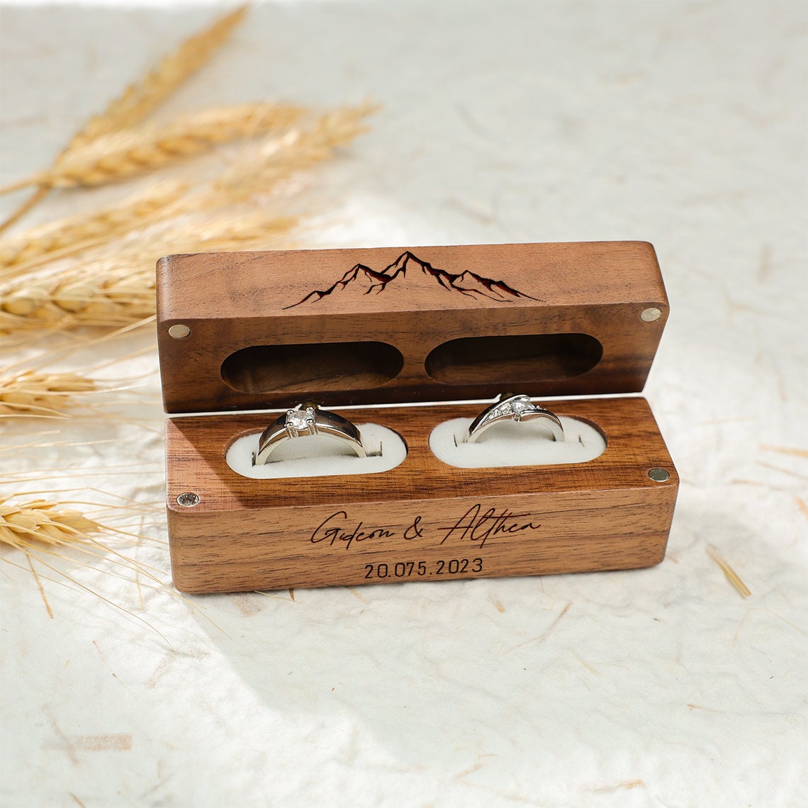 Personalized Wood Double Ring Box: Rustic Wedding Proposal