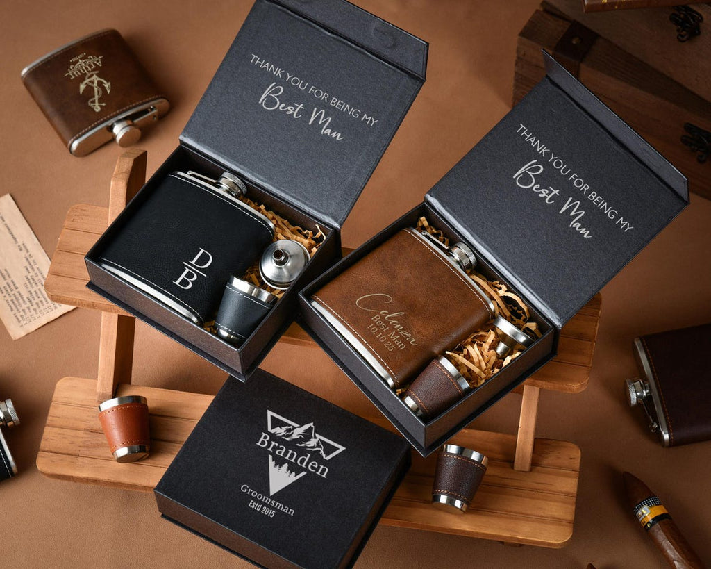 Personalized Flask For Men, Customized Engraved Groomsman And Best Man Gift, Wedding Flask For Groom, Dad, Boyfriend, And Husband, Unique Groomsman Proposal Gift For Bachelor Party, Monogrammed Flask Gift Set, Father's Day Gift