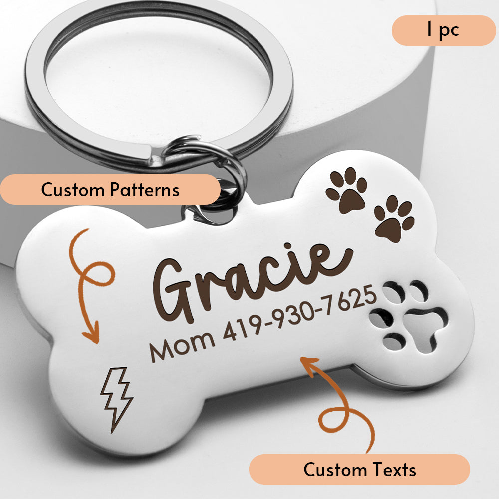 Bone Dog Tag: Hollow Paw, Engraved Pet ID, Stainless Steel