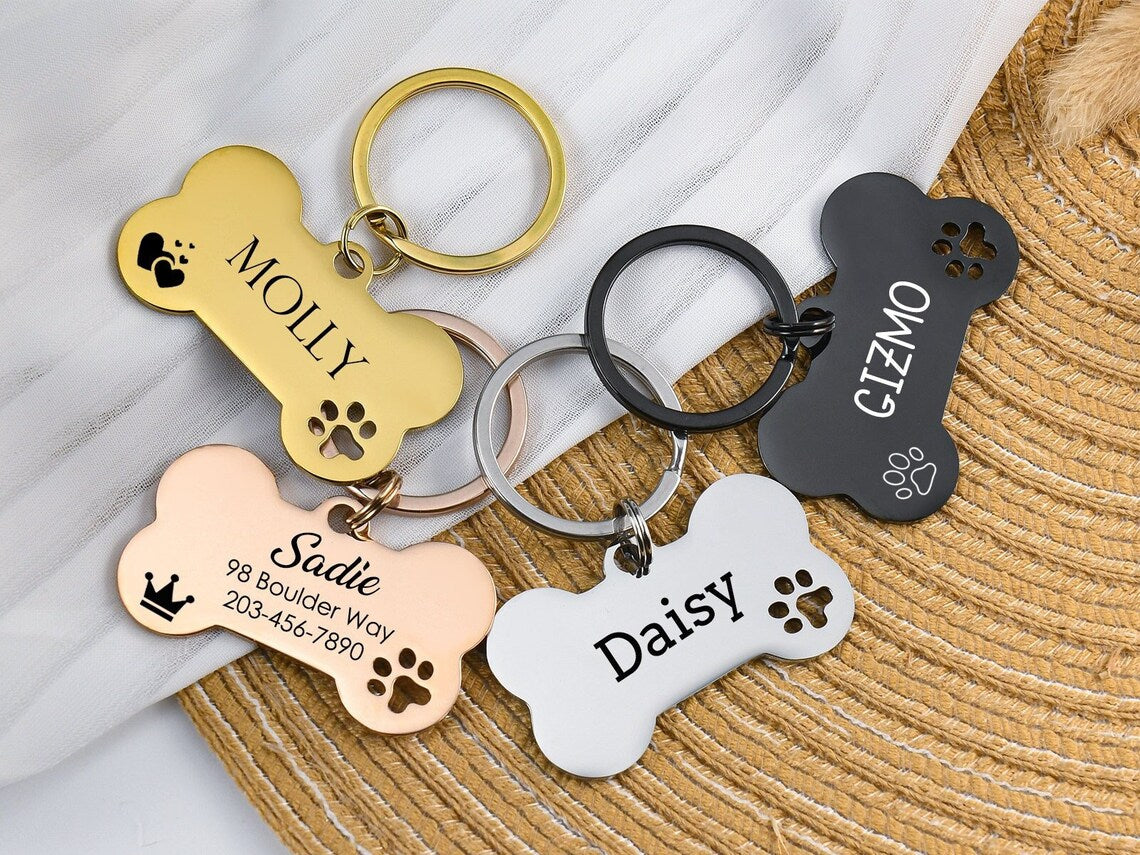 Bone Dog Tag: Hollow Paw, Engraved Pet ID, Stainless Steel