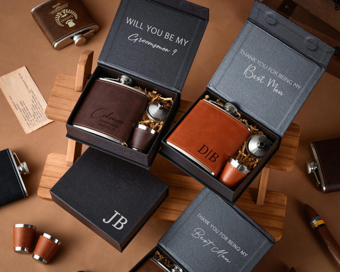 Personalized Flask For Men, Customized Engraved Groomsman And Best Man Gift, Wedding Flask For Groom, Dad, Boyfriend, And Husband, Unique Groomsman Proposal Gift For Bachelor Party, Monogrammed Flask Gift Set, Father's Day Gift