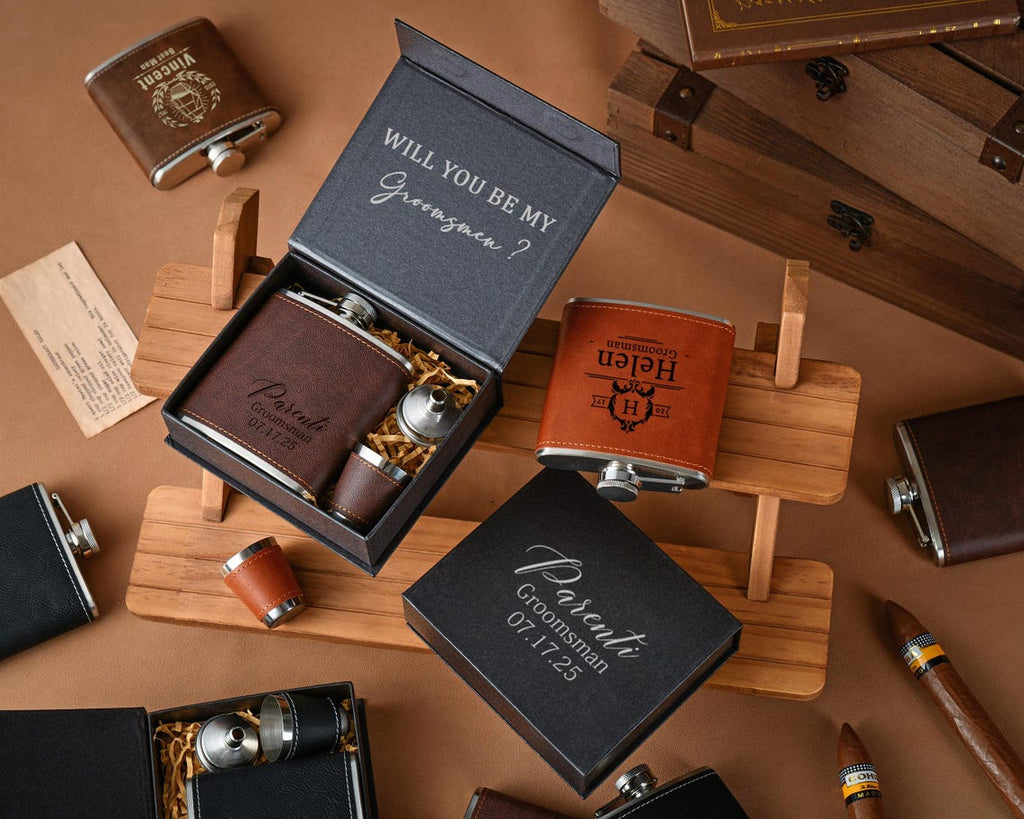 Personalized Flask For Men, Customized Engraved Groomsman And Best Man Gift, Wedding Flask For Groom, Dad, Boyfriend, And Husband, Unique Groomsman Proposal Gift For Bachelor Party, Monogrammed Flask Gift Set, Father's Day Gift