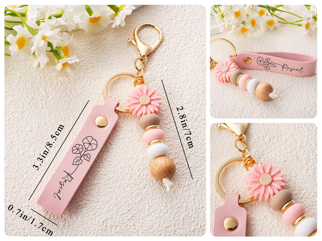 Personalized Daisy Keychain, Engraved Faux Leather, Beaded Flower Charm