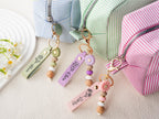 Personalized Daisy Keychain, Engraved Faux Leather, Beaded Flower Charm