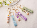 Personalized Daisy Keychain, Beaded Bag Charm, Custom Engraved Name