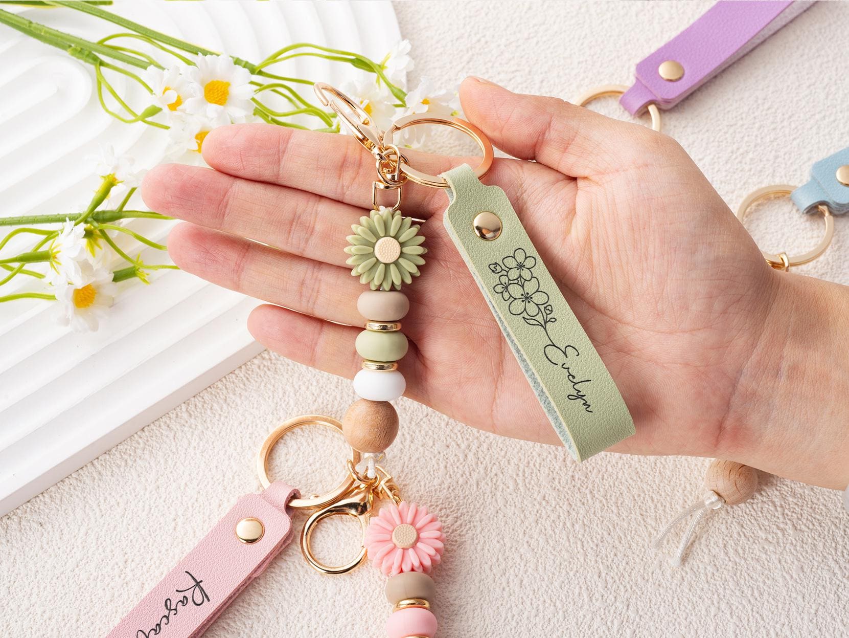 Personalized Daisy Keychain, Beaded Bag Charm, Custom Engraved Name