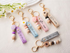 Personalized Daisy Keychain, Engraved Faux Leather, Beaded Flower Charm