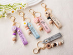 Personalized Daisy Keychain, Beaded Bag Charm, Custom Engraved Name