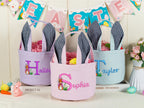 Personalized Embroidered Seersucker Easter Basket with Bunny Ears