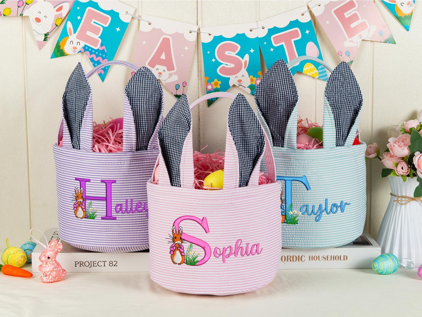 Personalized Embroidered Seersucker Easter Basket with Bunny Ears