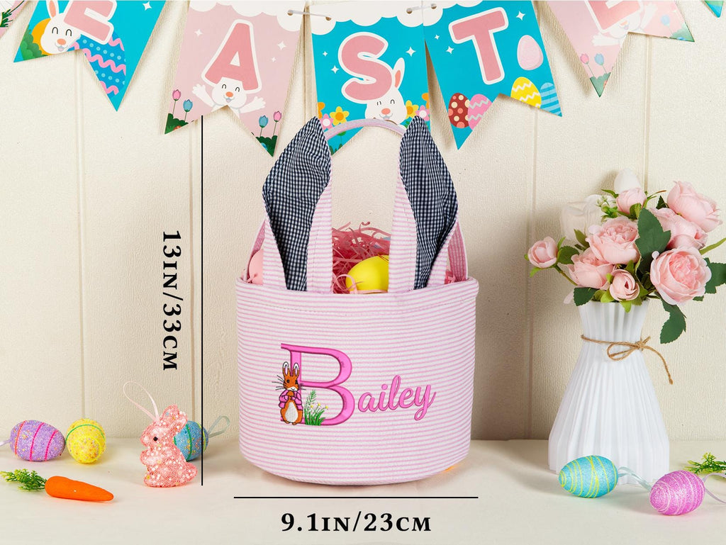 Personalized Embroidered Seersucker Easter Basket with Bunny Ears