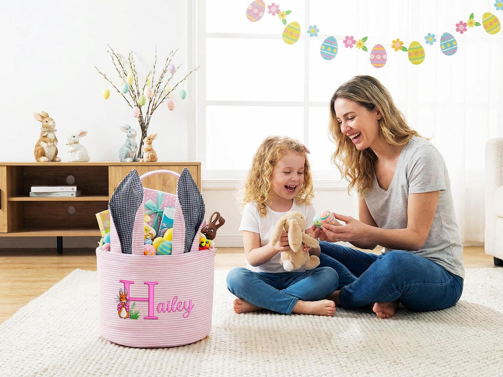 Personalized Embroidered Seersucker Easter Basket with Bunny Ears