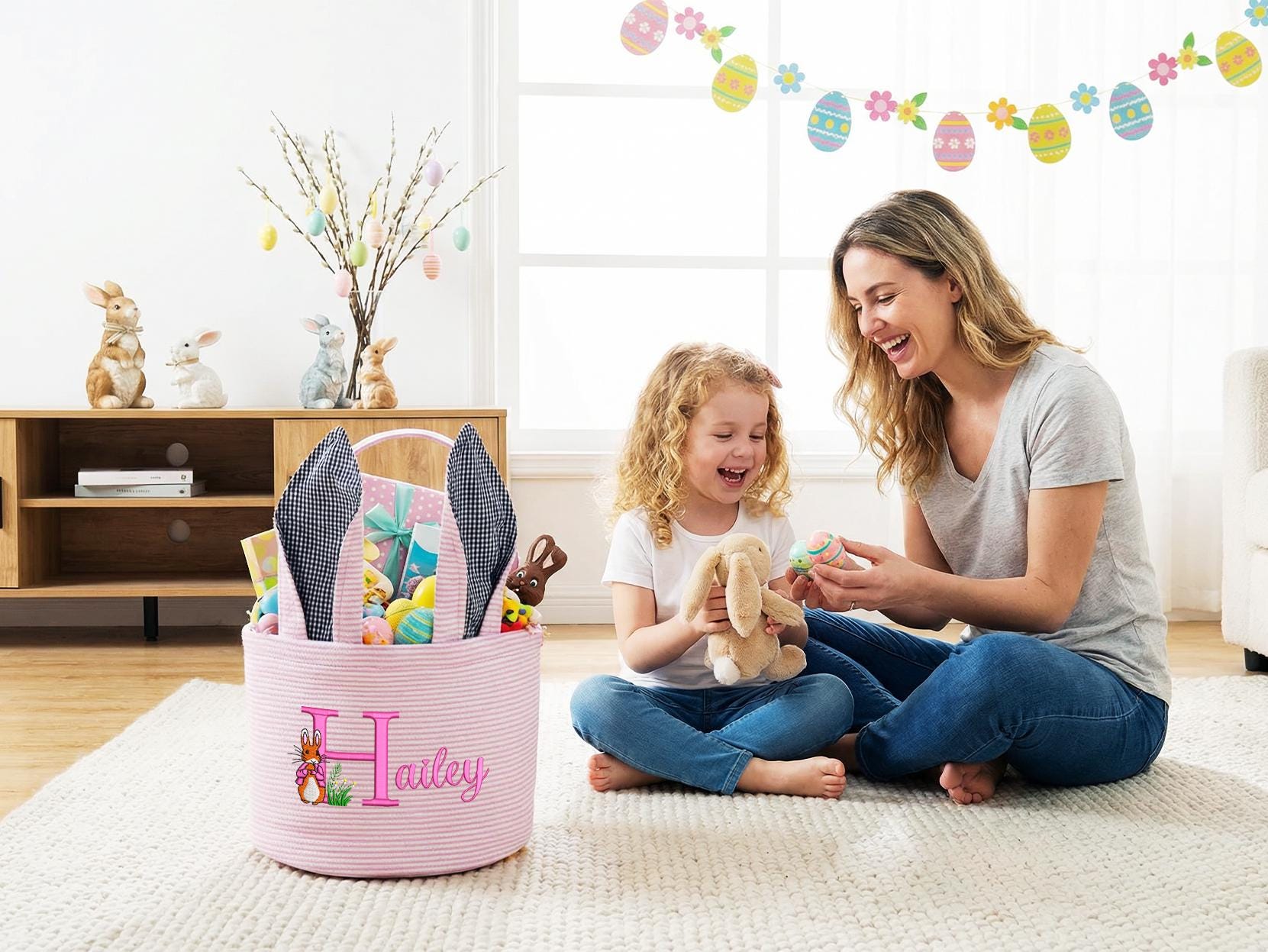 Personalized Embroidered Seersucker Easter Basket with Bunny Ears
