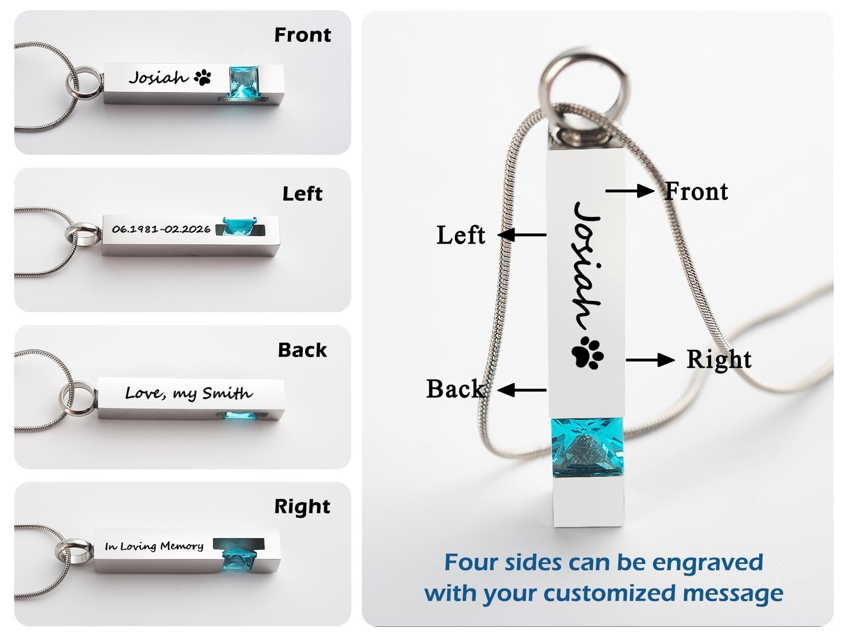 Personalized Cremation Urn Necklace: Engraved Memorial Jewelry for Ashes (Stainless Steel)