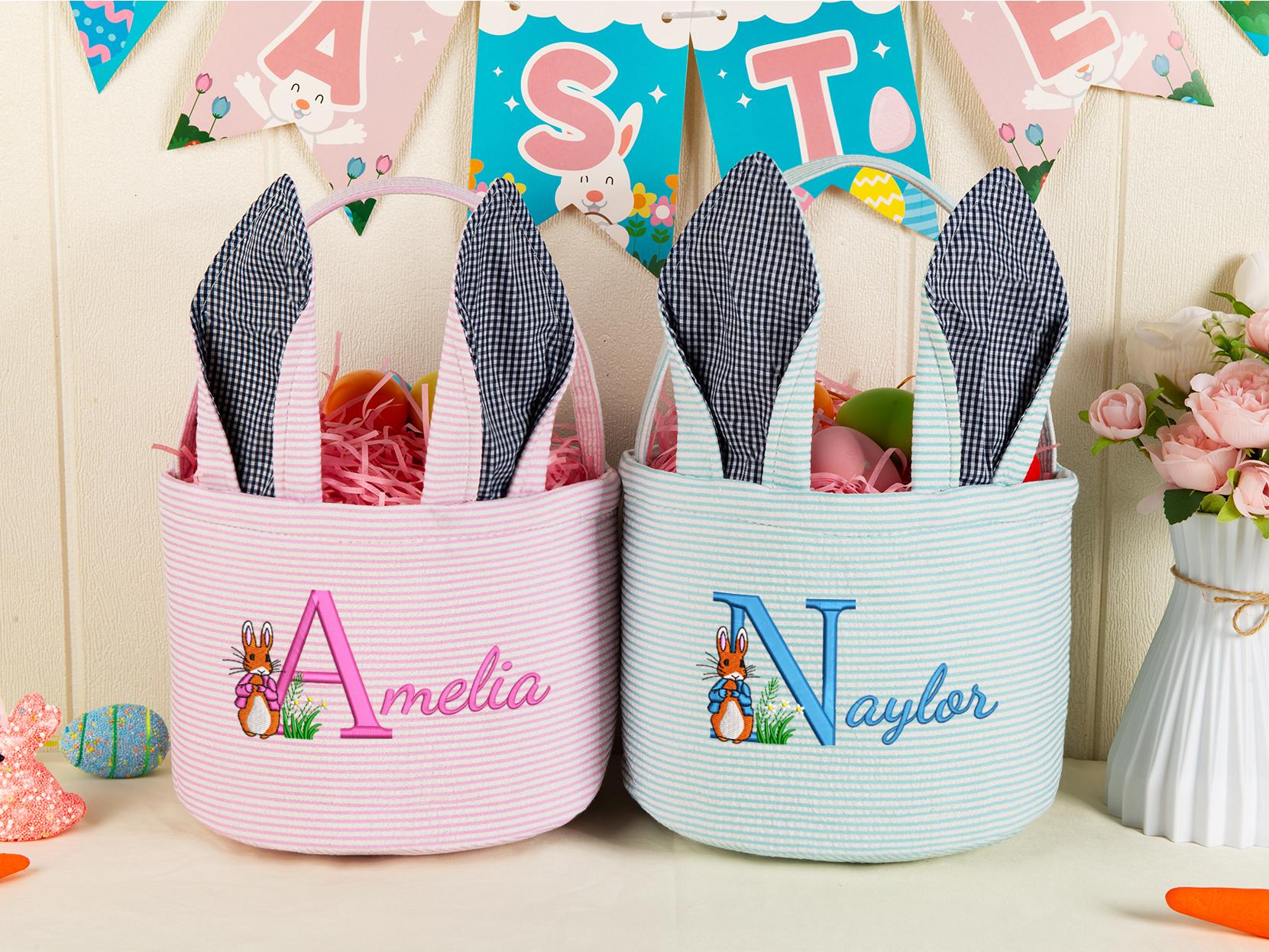 Personalized Embroidered Seersucker Easter Basket with Bunny Ears