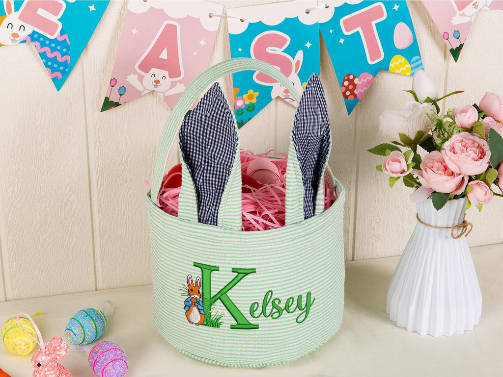 Personalized Embroidered Seersucker Easter Basket with Bunny Ears