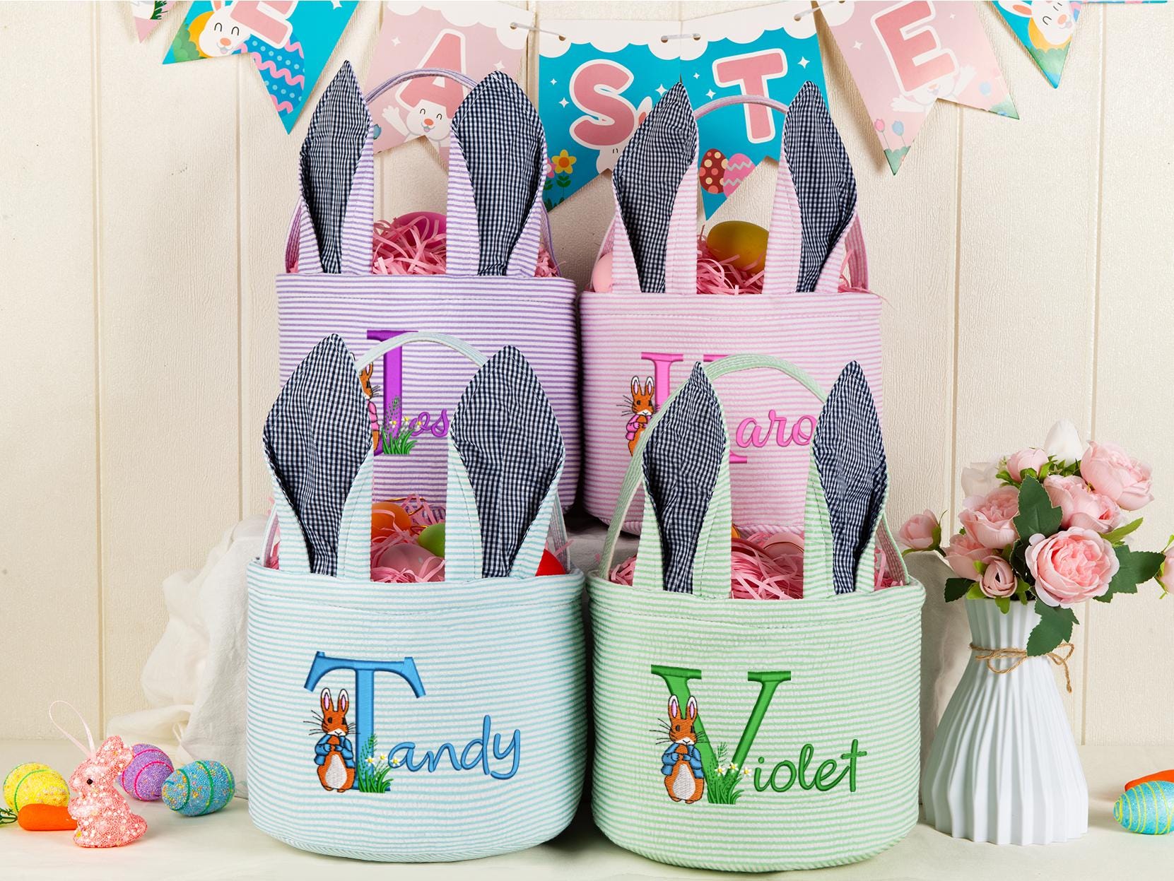 Personalized Embroidered Seersucker Easter Basket with Bunny Ears