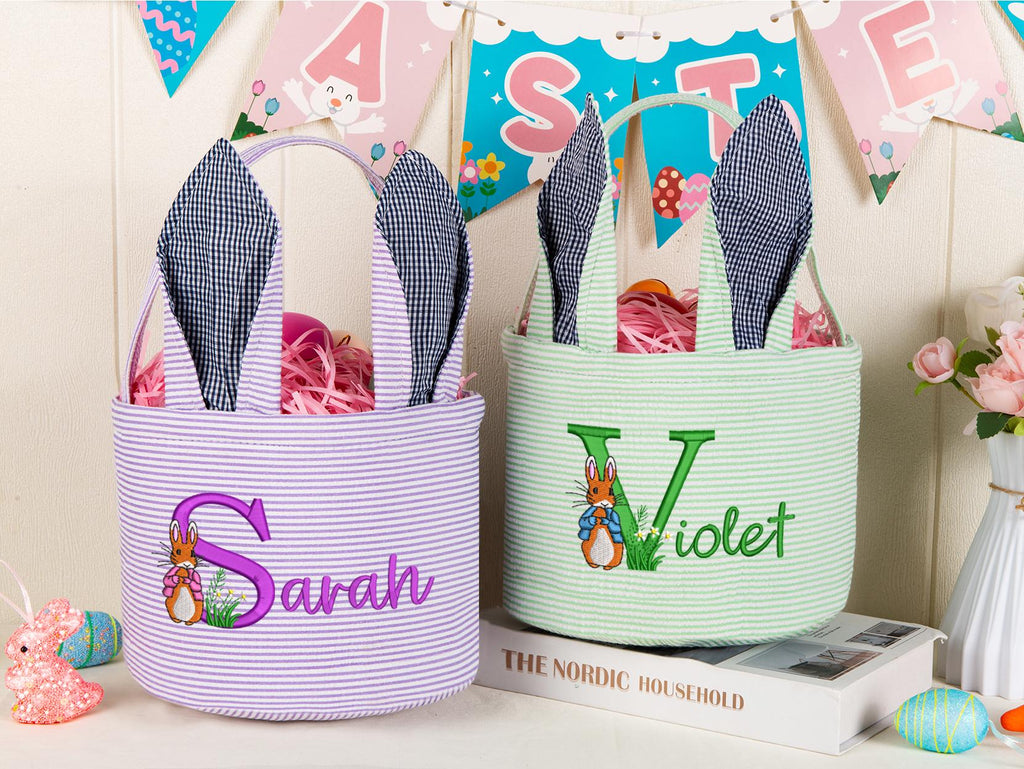 Personalized Embroidered Seersucker Easter Basket with Bunny Ears