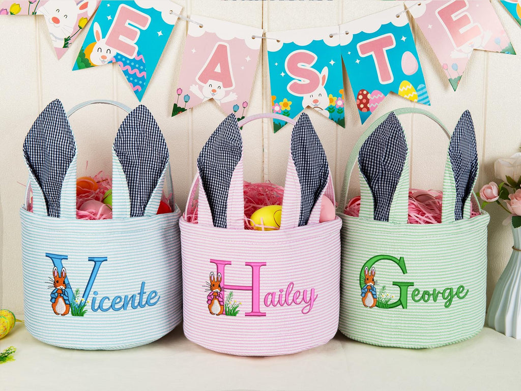 Personalized Embroidered Seersucker Easter Basket with Bunny Ears