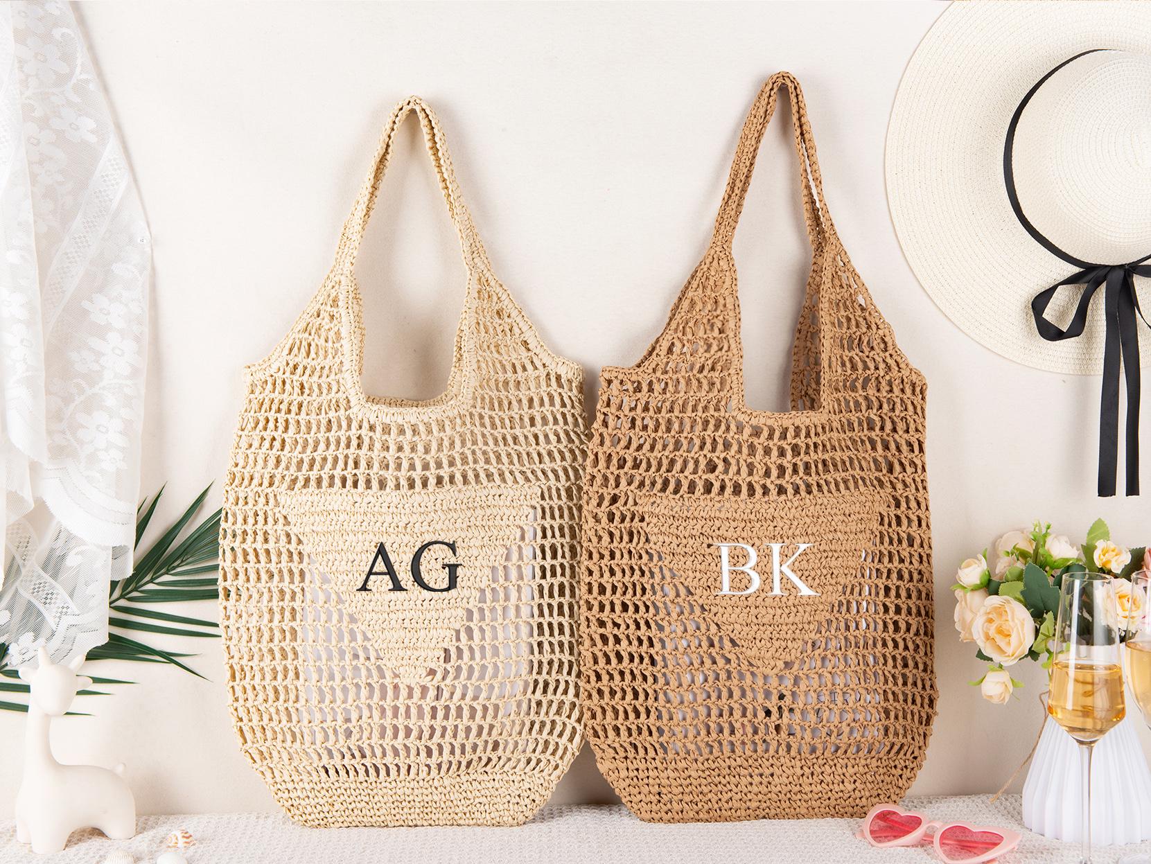 Personalized Raffia Beach Tote Bag, Hand-Woven Straw Bag, Embroidered Initials, Bridesmaid Gift