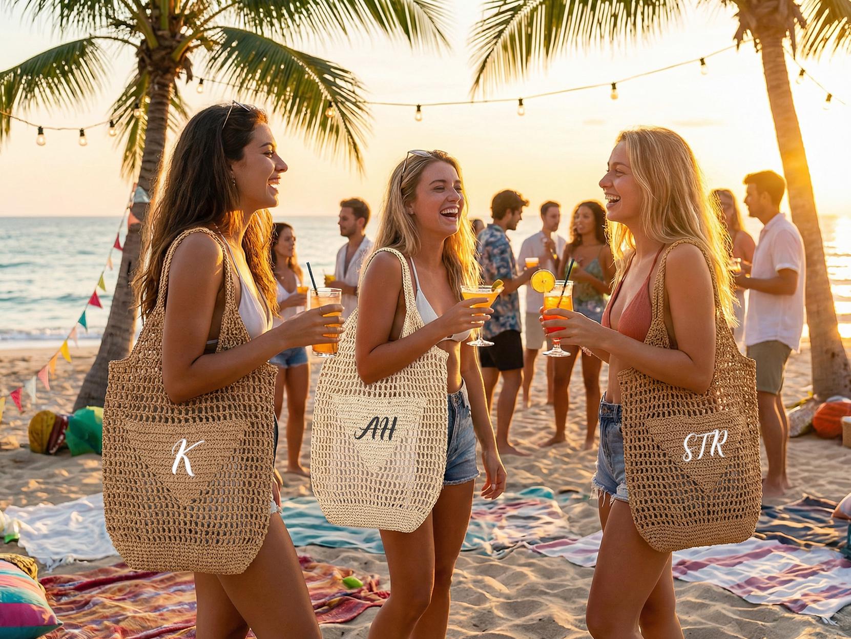 Personalized Raffia Beach Tote Bag, Hand-Woven Straw Bag, Embroidered Initials, Bridesmaid Gift