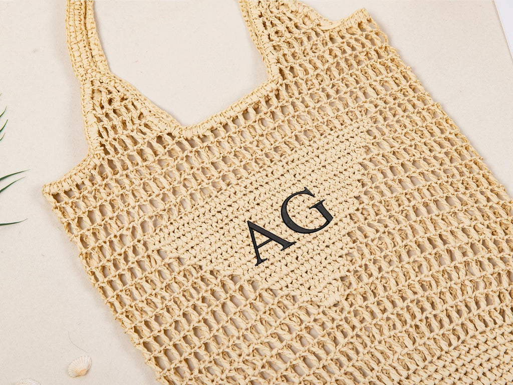 Personalized Raffia Beach Tote Bag, Hand-Woven Straw Bag, Embroidered Initials, Bridesmaid Gift