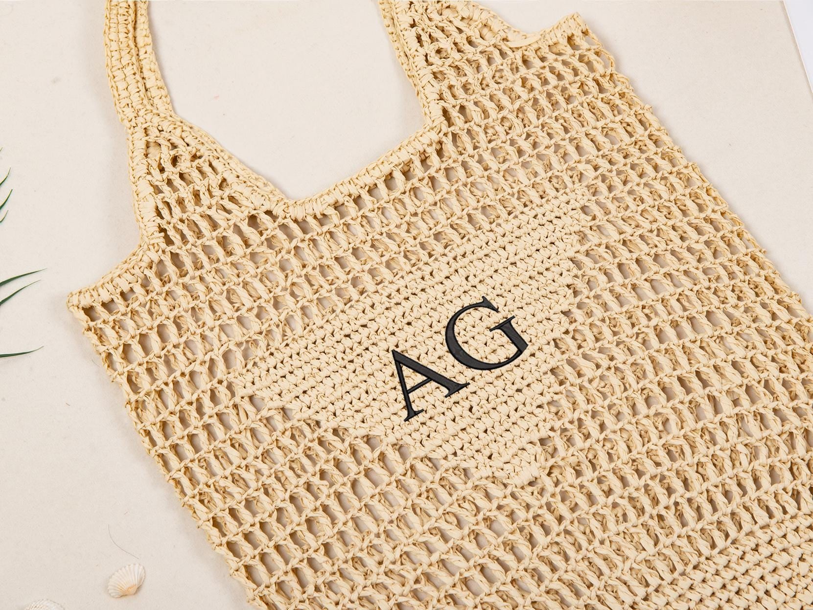 Personalized Raffia Beach Tote Bag, Hand-Woven Straw Bag, Embroidered Initials, Bridesmaid Gift