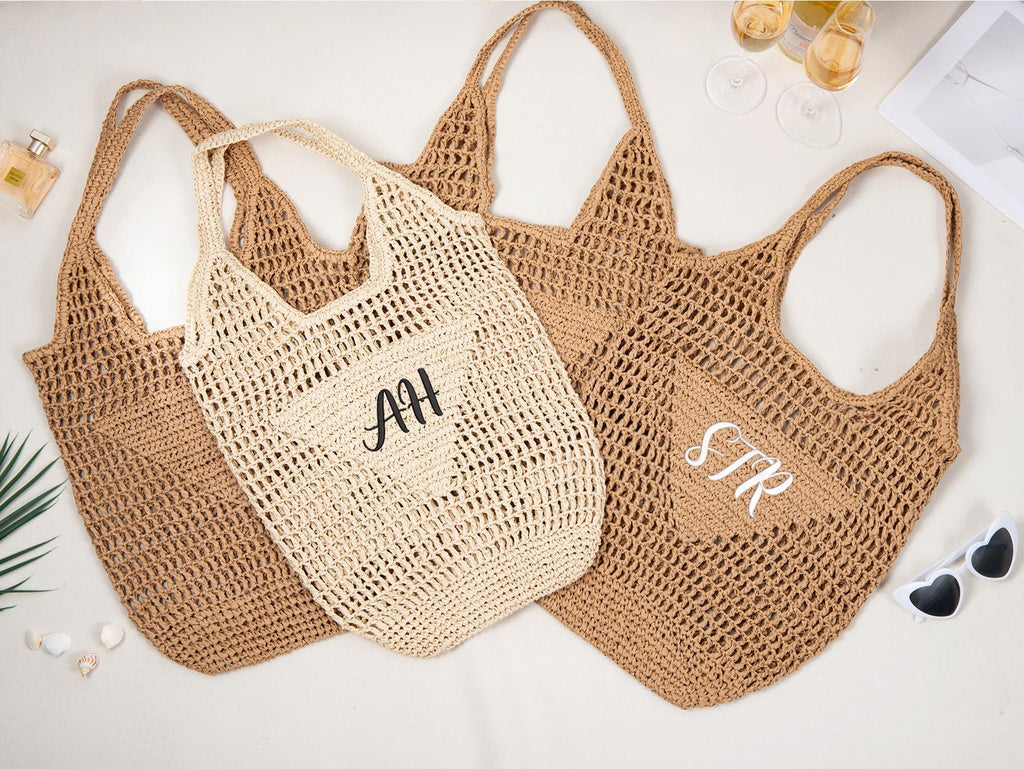 Personalized Raffia Beach Tote Bag, Hand-Woven Straw Bag, Embroidered Initials, Bridesmaid Gift