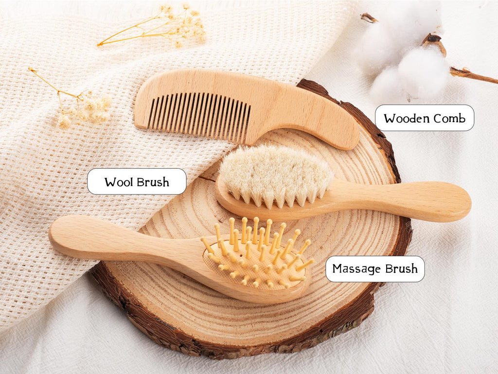 Personalized Wooden Baby Hair Brush Set, Engraved Name Keepsake, Newborn Shower Gift