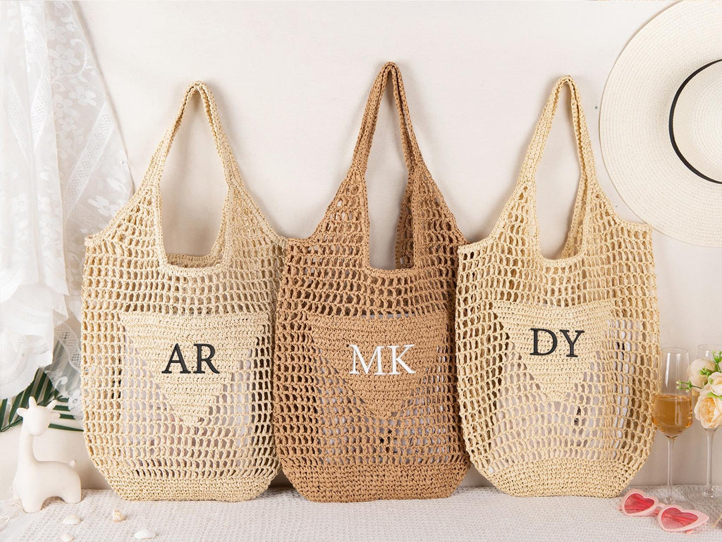 Personalized Raffia Beach Tote Bag, Hand-Woven Straw Bag, Embroidered Initials, Bridesmaid Gift