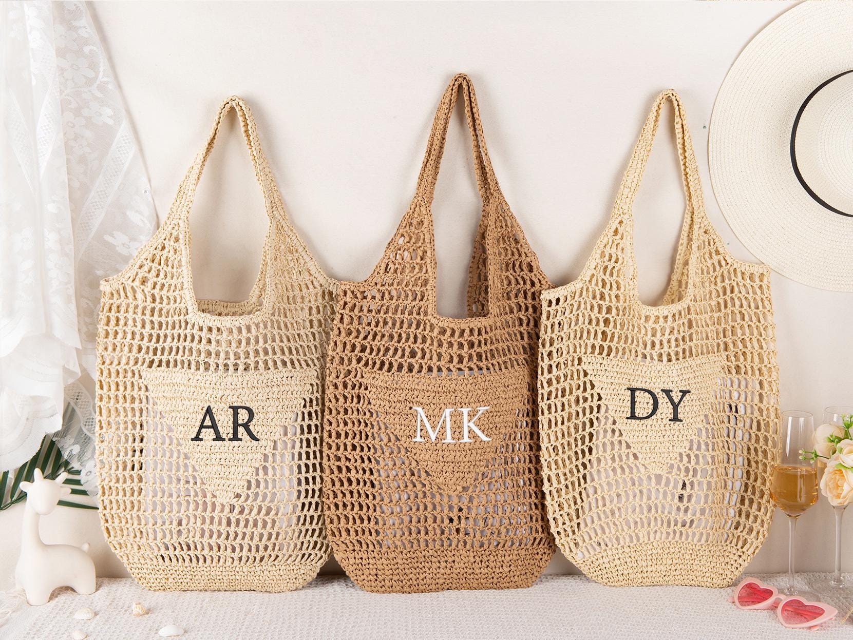 Personalized Raffia Beach Tote Bag, Hand-Woven Straw Bag, Embroidered Initials, Bridesmaid Gift