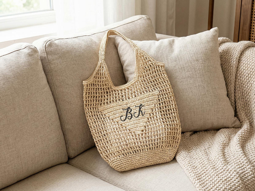 Personalized Raffia Beach Tote Bag, Hand-Woven Straw Bag, Embroidered Initials, Bridesmaid Gift