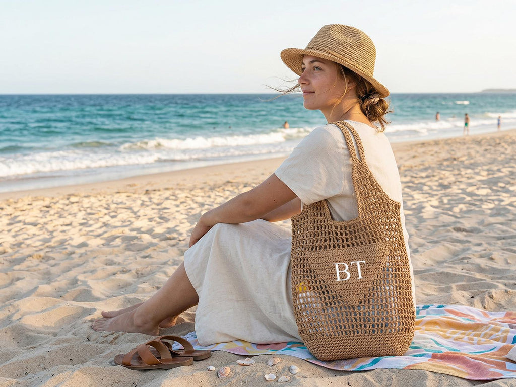 Personalized Raffia Beach Tote Bag, Hand-Woven Straw Bag, Embroidered Initials, Bridesmaid Gift