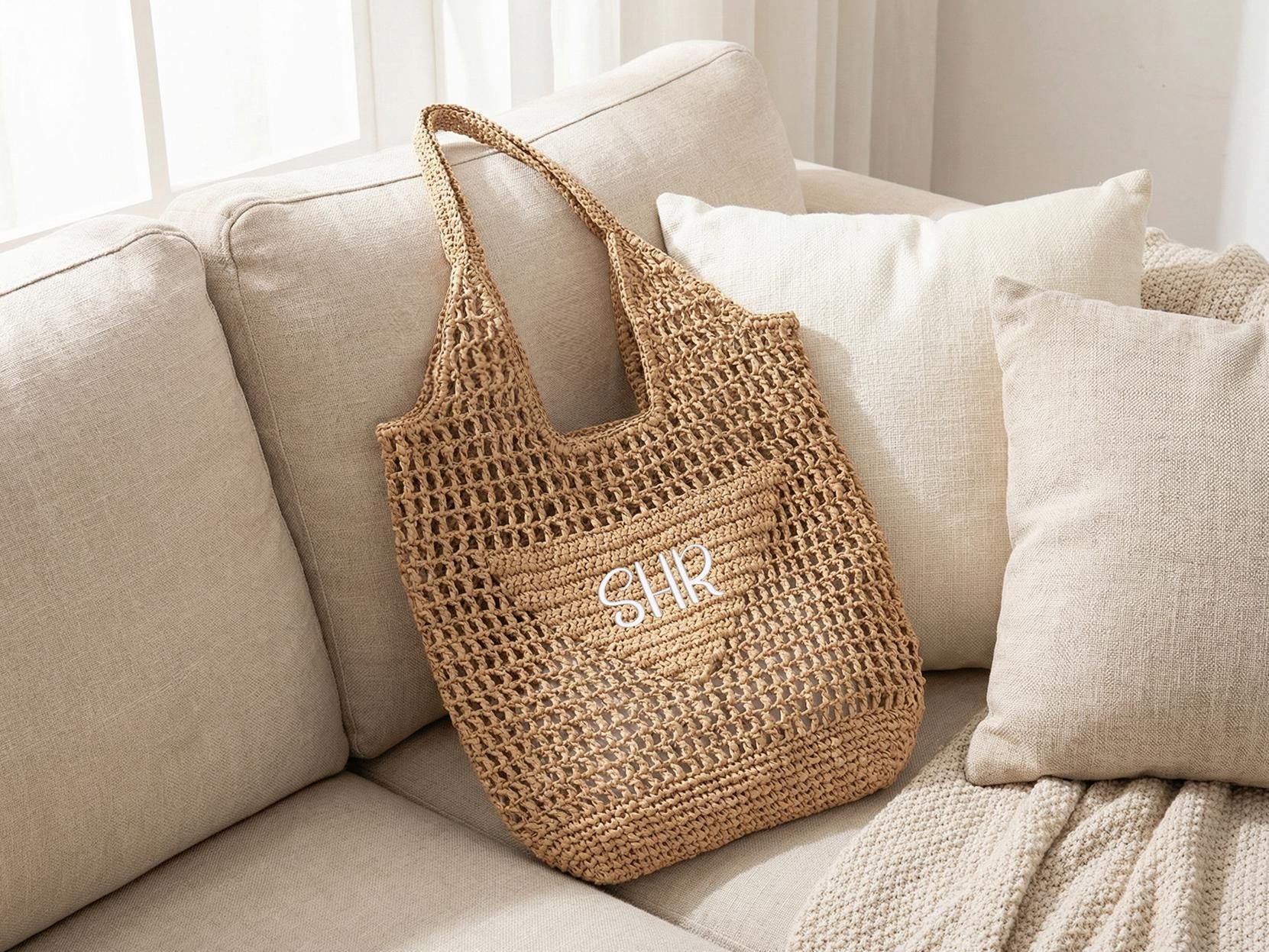 Personalized Raffia Beach Tote Bag, Hand-Woven Straw Bag, Embroidered Initials, Bridesmaid Gift
