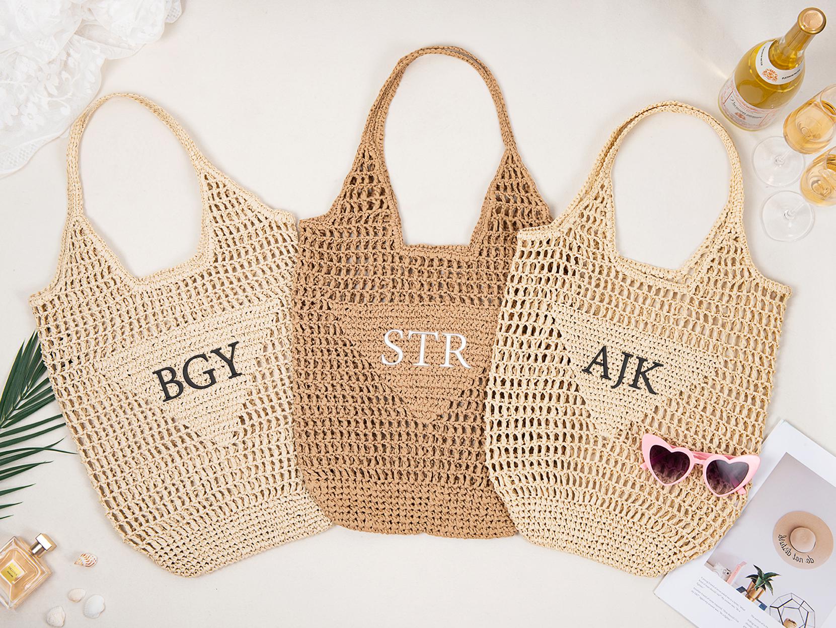 Personalized Raffia Beach Tote Bag, Hand-Woven Straw Bag, Embroidered Initials, Bridesmaid Gift