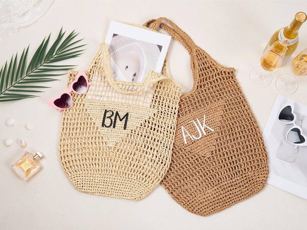Personalized Raffia Beach Tote Bag, Hand-Woven Straw Bag, Embroidered Initials, Bridesmaid Gift