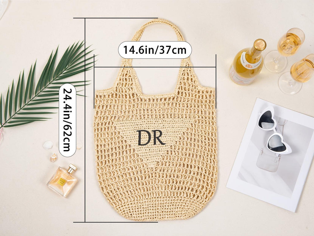 Personalized Raffia Beach Tote Bag, Hand-Woven Straw Bag, Embroidered Initials, Bridesmaid Gift