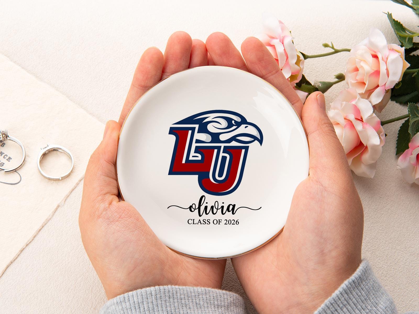Custom University College Logo Ring Dish, Personalized Graduation Gift for Her, Class of 2026 Graduation University Trinket Dish, Dorm Decor