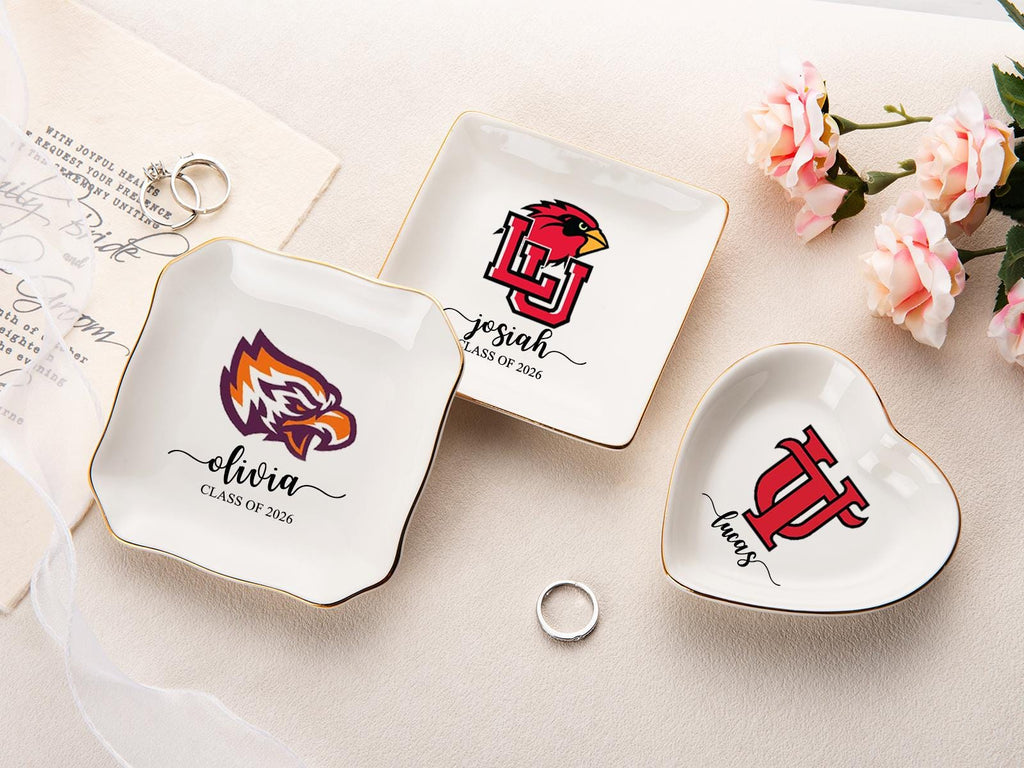 Custom University College Logo Ring Dish, Personalized Graduation Gift for Her, Class of 2026 Graduation University Trinket Dish, Dorm Decor