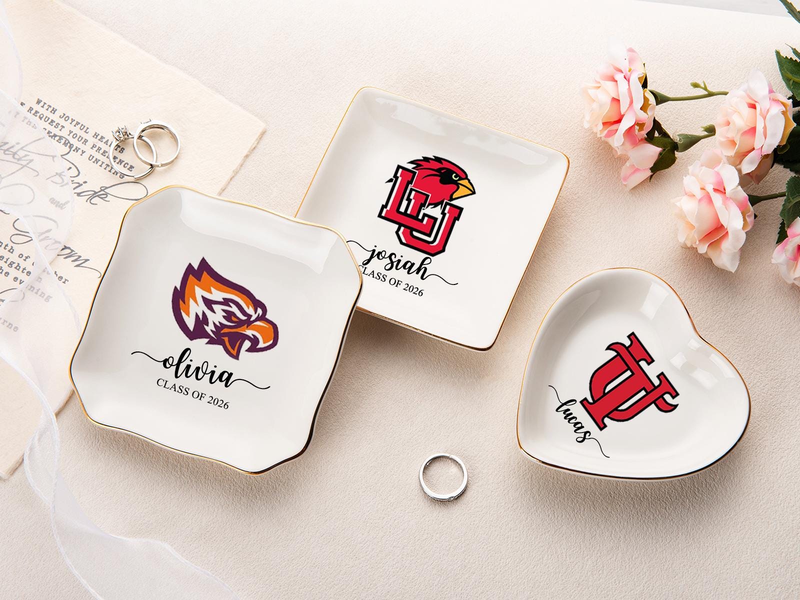 Custom University College Logo Ring Dish, Personalized Graduation Gift for Her, Class of 2026 Graduation University Trinket Dish, Dorm Decor