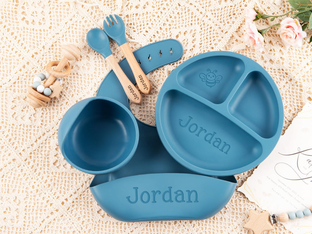 Custom Silicone Baby Weaning Set, Engraved Plate, Bib, Bowl, Fork, Spoon