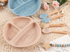 Custom Silicone Baby Weaning Set, Engraved Plate, Bib, Bowl, Fork, Spoon