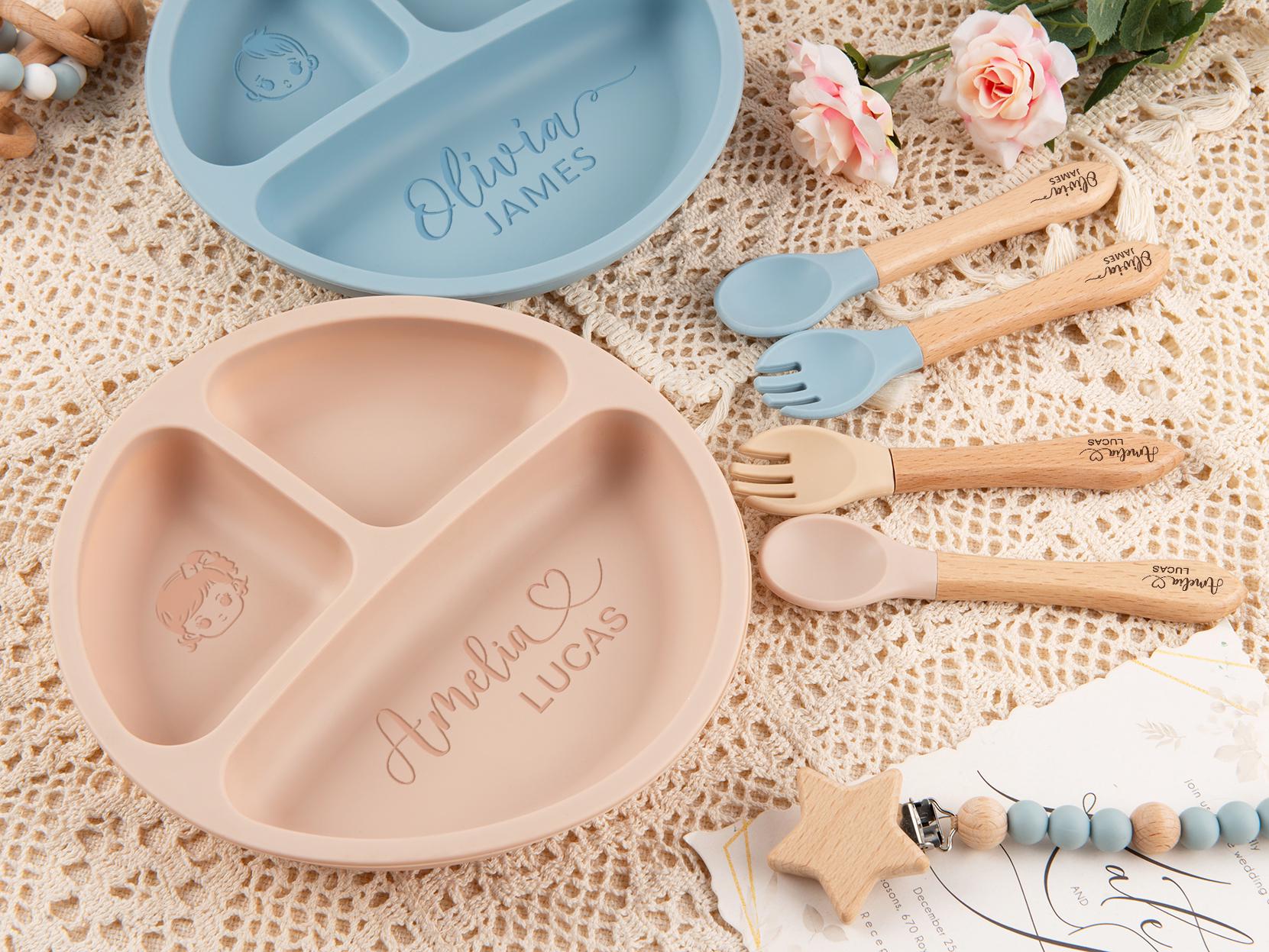 Custom Silicone Baby Weaning Set, Engraved Plate, Bib, Bowl, Fork, Spoon