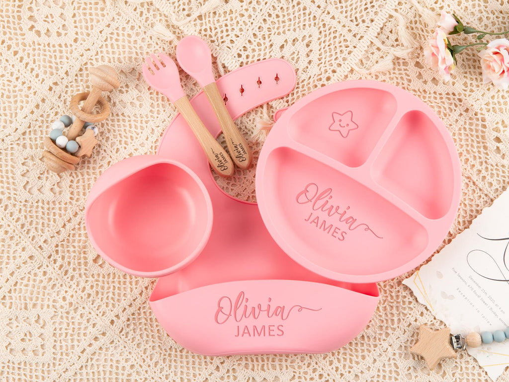 Custom Silicone Baby Weaning Set, Engraved Plate, Bib, Bowl, Fork, Spoon