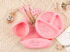 Custom Silicone Baby Weaning Set, Engraved Plate, Bib, Bowl, Fork, Spoon