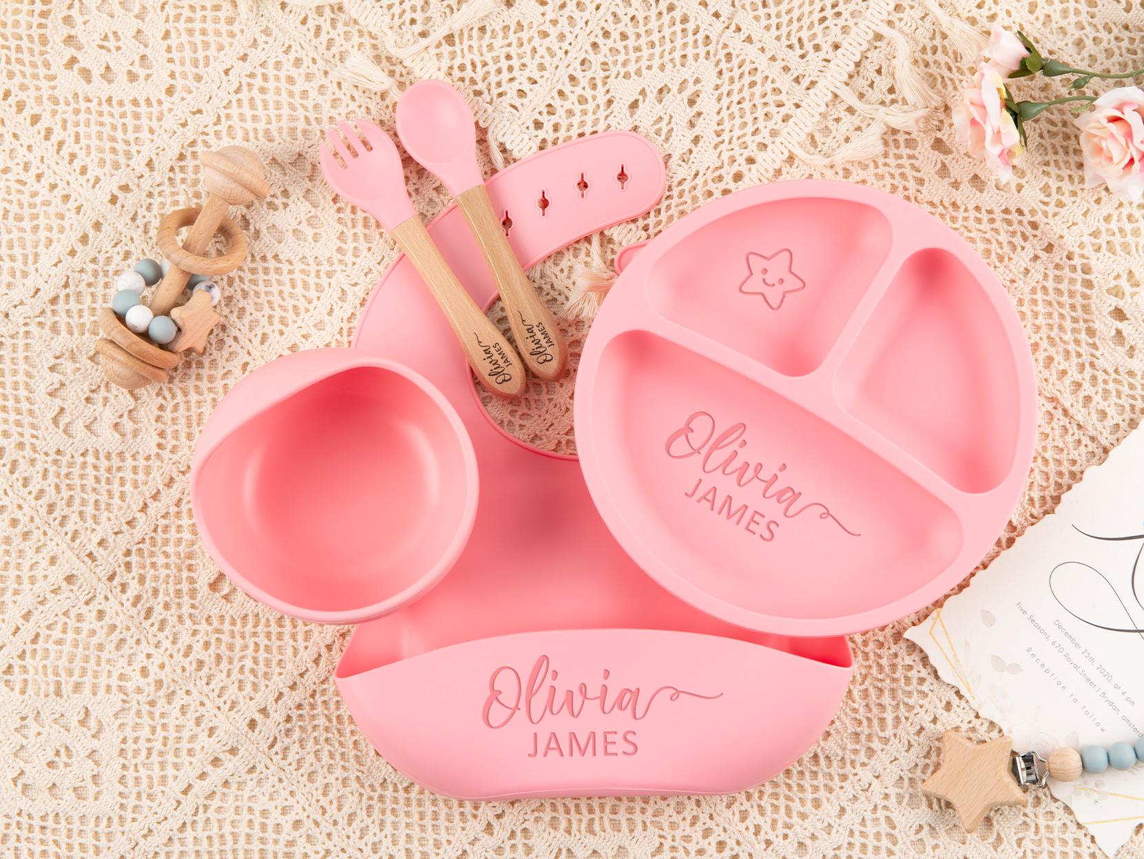 Custom Silicone Baby Weaning Set, Engraved Plate, Bib, Bowl, Fork, Spoon