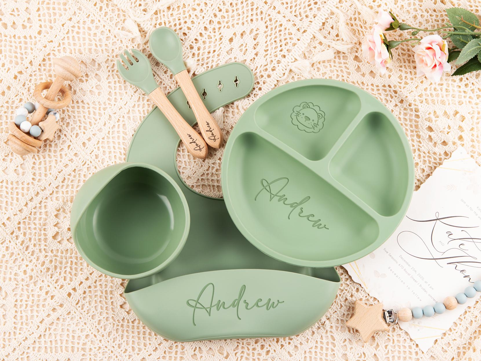 Custom Silicone Baby Weaning Set, Engraved Plate, Bib, Bowl, Fork, Spoon